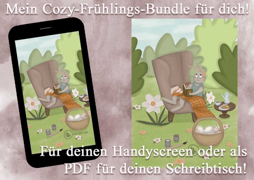 Eine Illustration in zwei unterschiedlichen Versionen, als PDF und als Handybildschirmhintergrund von Illa Sabin auf sanftem rosa Hintergrund. Eine Häsin liest in einen gemütlichen Sessel gekuschelt und lässt dafür das Bemalen der Ostereier lieber sein.
