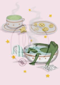 Illustration von Illa Sabin von einem Frosch, der in einer Teetasse badet. Gemütlicher Stil.