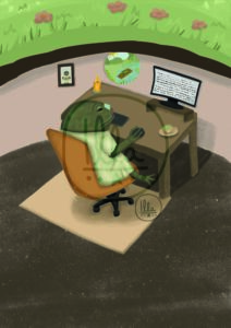 Die Illustration von Illa Sabin zeigt eine Kröte an ihrem Schreibtisch, die mit eiserner Disziplin an ihren Träumen arbeitet. Alles ist in angenehmen Ertönen gehalten.