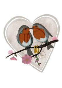 Auf der Illustration von Illa Sabin sind zwei Rotkehlchen auf einem Kirschblüten-Zweig zu sehen, die einander zugewendet sind. Zwischen ihnen sind zwei Eheringe auf dem Zweig. Sie stehen vor einem sanft rosafarbenen Herz, das den Hintergrund bildet.