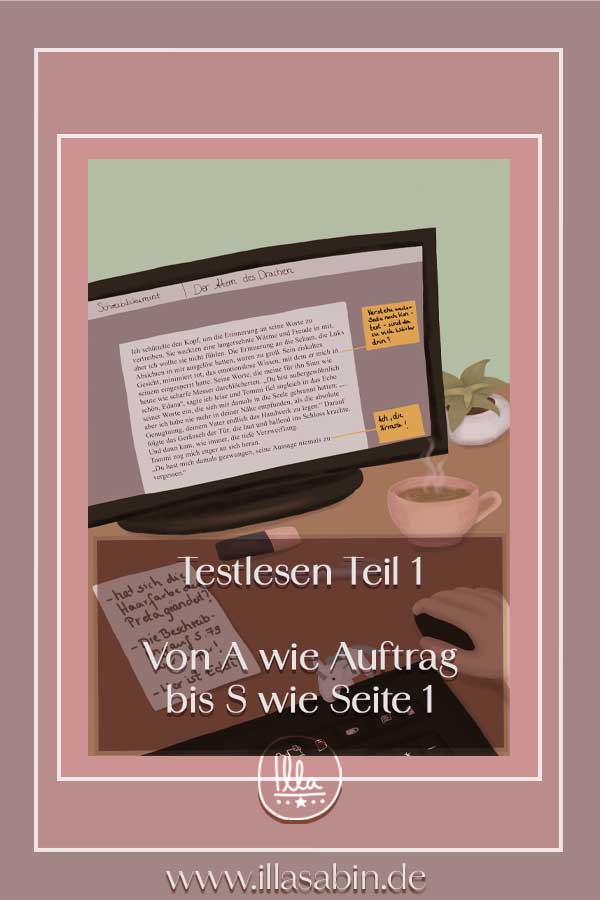 Illustration eines gemütlichen Autoren-Arbeitsplatzes: Ein Monitor zeigt ein Manuskript mit Testleser-Kommentaren am Rand. Daneben liegen eine Pflanze im Topf, eine Tasse Tee, ein Notizblock mit Stift und eine Hand an der Maus.